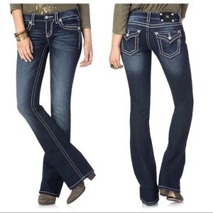 Miss Me Loose Saddle Stitch Border Jeans Bootcut Dark Blue Wash Flared Size 29